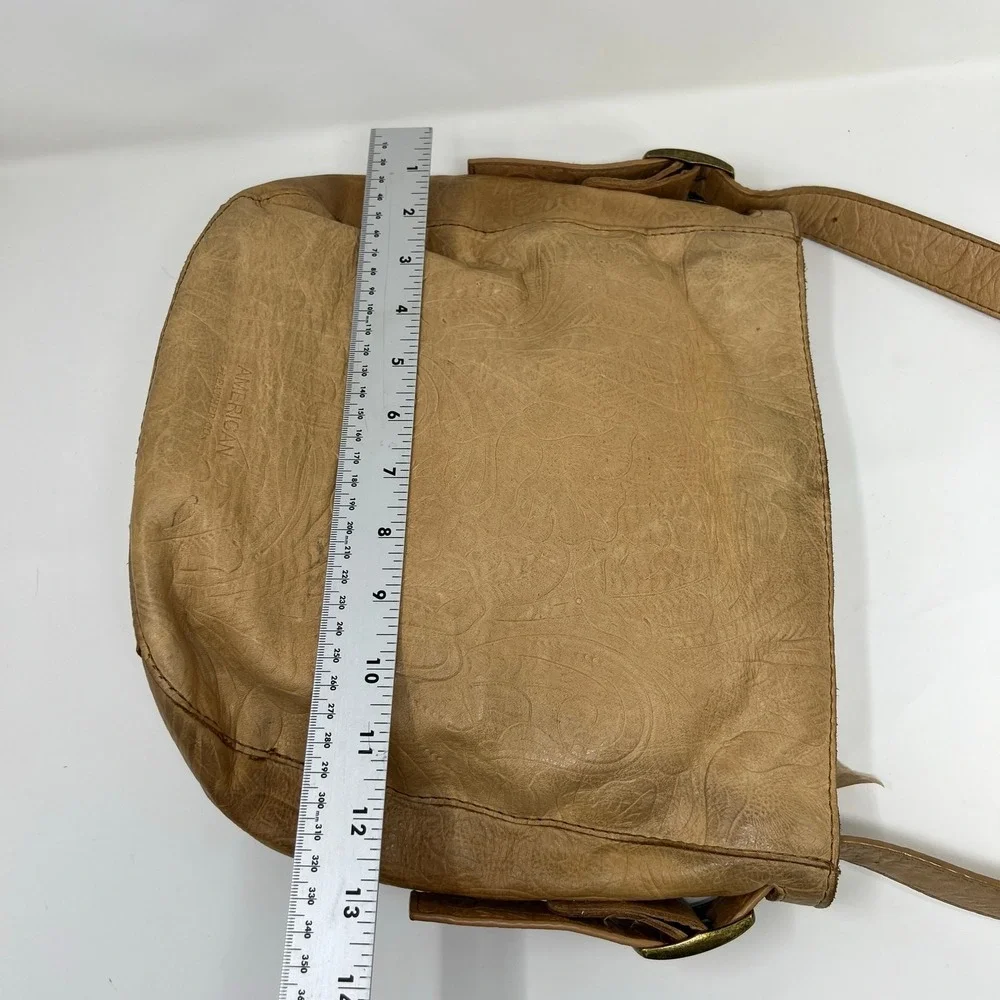 American Leather Co Embossed Leather Shoulder Bag Tan Brown Hobo Tote Purse